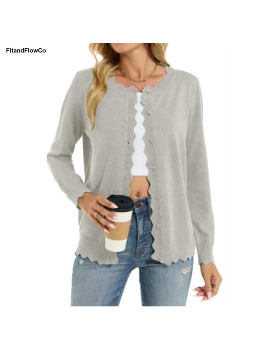 Heymoments Long Sleeve Crewneck Button Down Cardigan Shrug Sweater